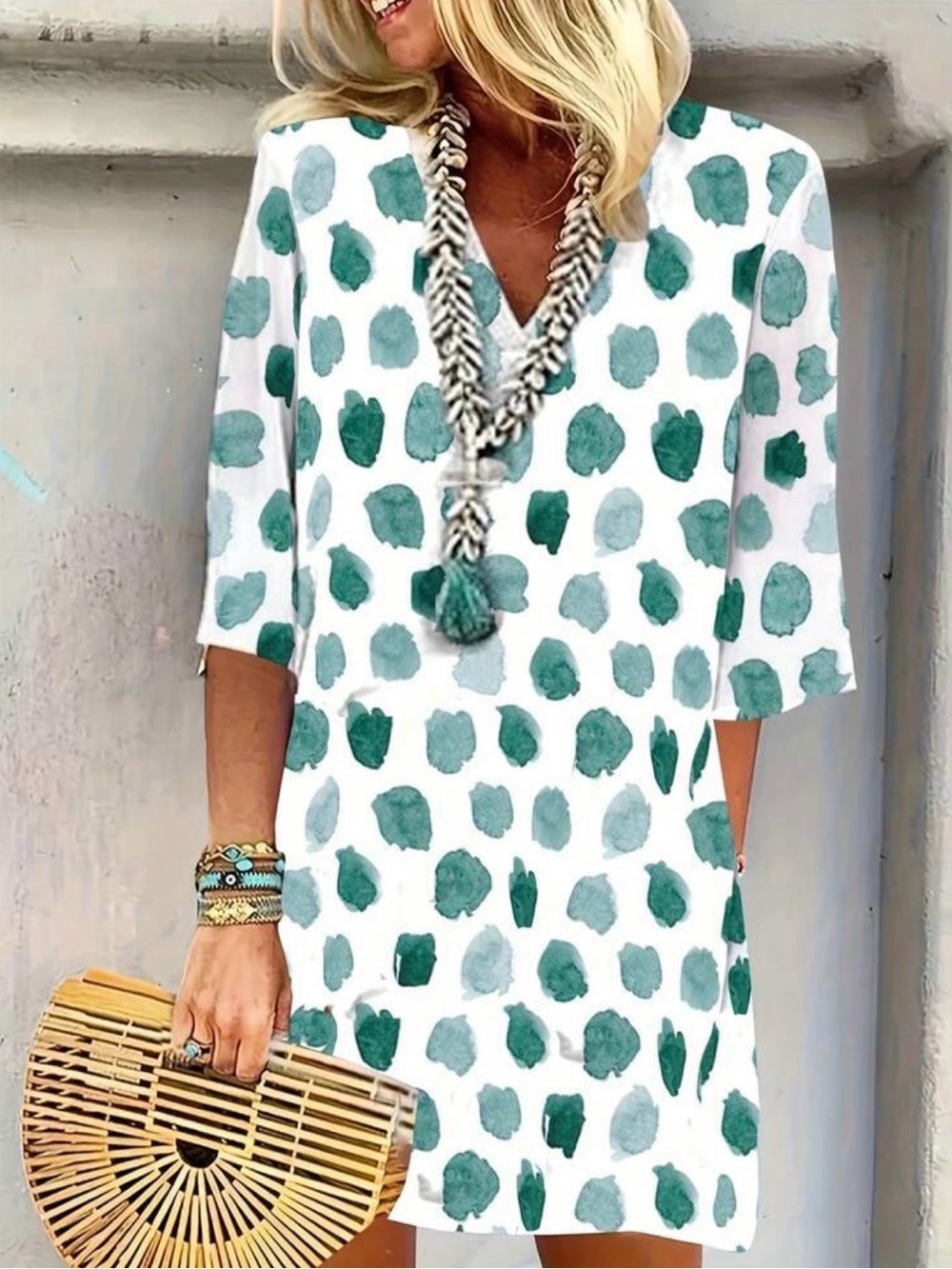 SHEIN Green Spot V-Neck Dress